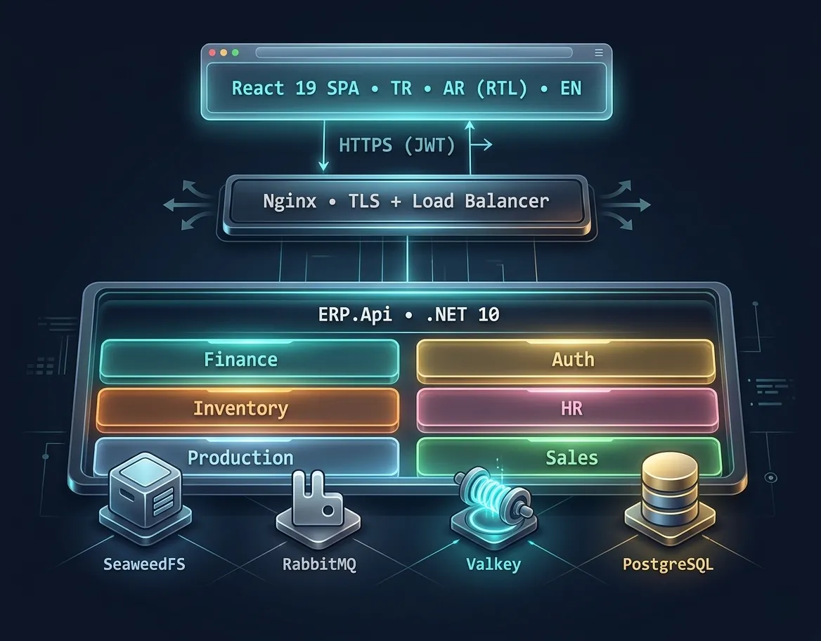 SahaERP architecture: React 19 SPA (TR/AR/EN) over HTTPS to Nginx, then to the .NET 10 modular monolith with Finance, Auth, Inventory, HR, Production and Sales modules backed by PostgreSQL, Valkey, RabbitMQ and SeaweedFS.